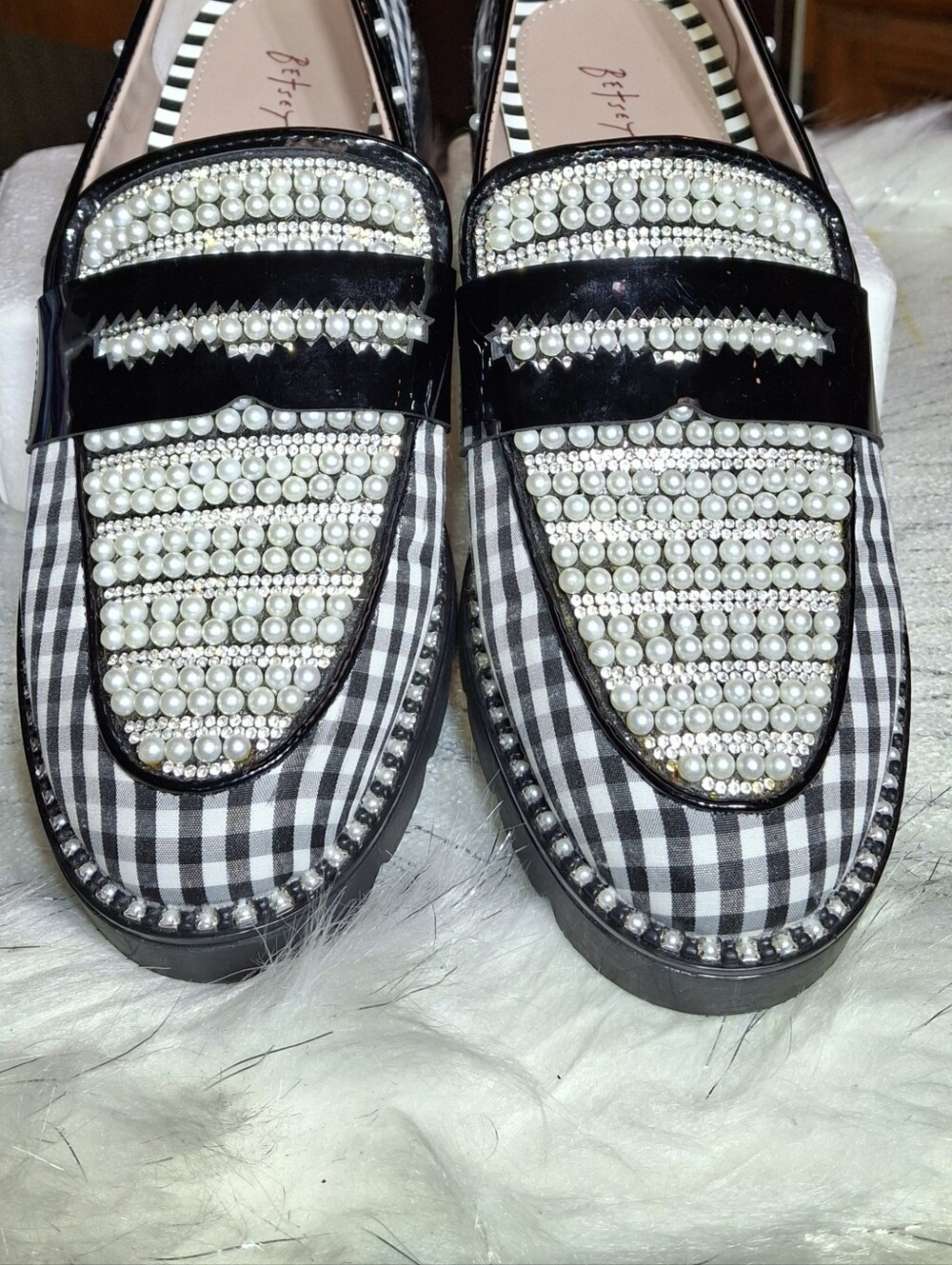 Betsey Johnson Darian Gingham Embellished Loafers Black & White Women Size 7 - Picture 11 of 16